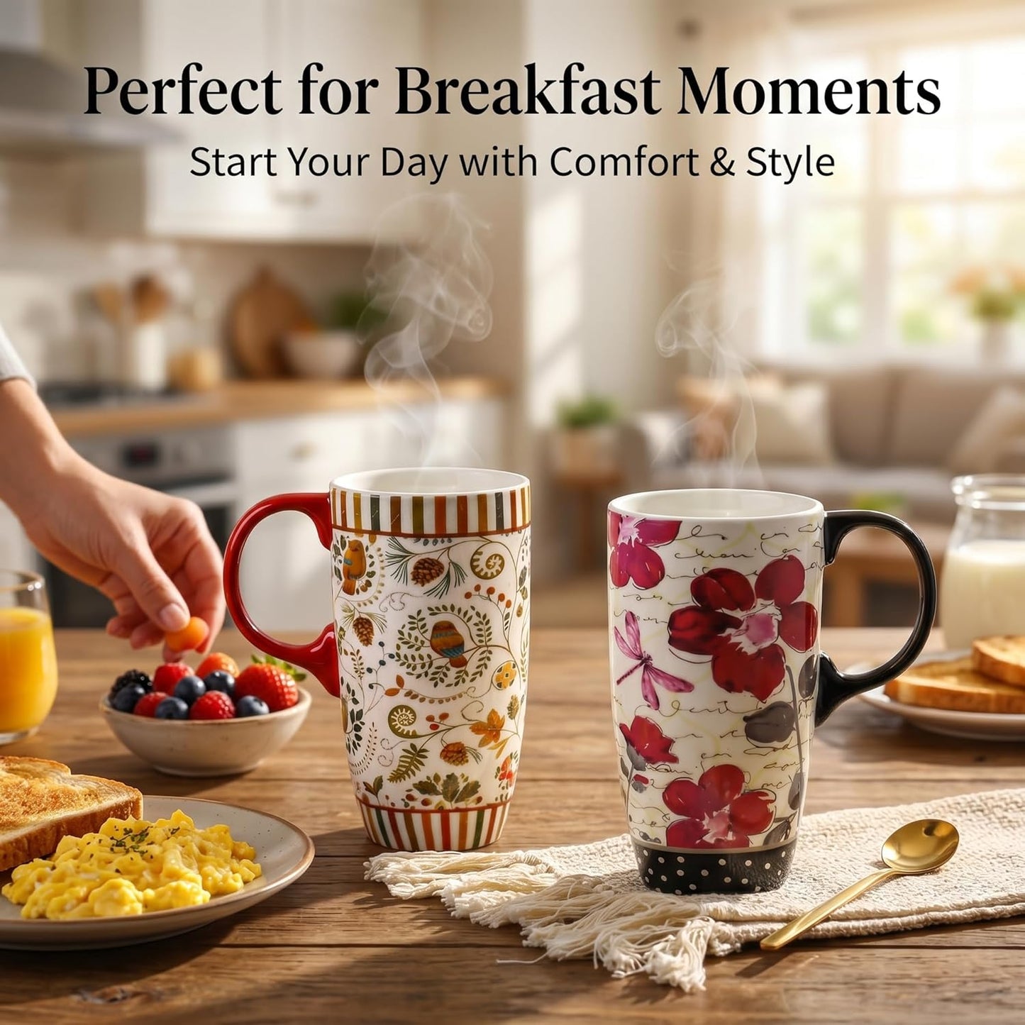 17oz Ceramic Travel Mug with Lid, Pink Floral Coffee Mug for Women | Coffee Mug with Handle, Pink Watercolor Floral Design, Spill-Resistant Lid, Microwave & Dishwasher Safe, Gift Box Included