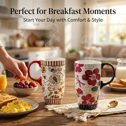 17oz Ceramic Travel Mug with Lid, Pink Floral Coffee Mug for Women | Coffee Mug with Handle, Pink Watercolor Floral Design, Spill-Resistant Lid, Microwave & Dishwasher Safe, Gift Box Included