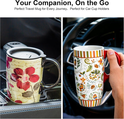 17oz Ceramic Travel Mug with Lid, Pink Floral Coffee Mug for Women | Coffee Mug with Handle, Pink Watercolor Floral Design, Spill-Resistant Lid, Microwave & Dishwasher Safe, Gift Box Included
