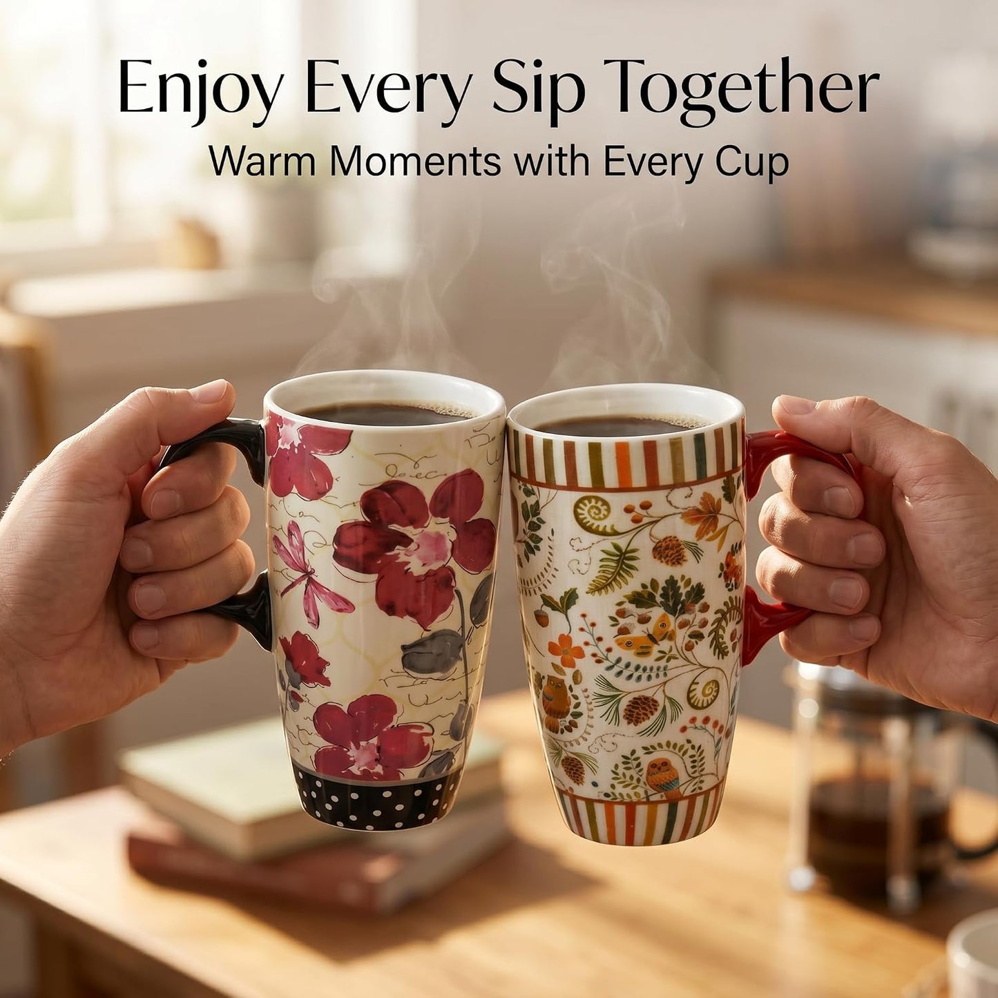 17oz Ceramic Travel Mug with Lid, Pink Floral Coffee Mug for Women | Coffee Mug with Handle, Pink Watercolor Floral Design, Spill-Resistant Lid, Microwave & Dishwasher Safe, Gift Box Included