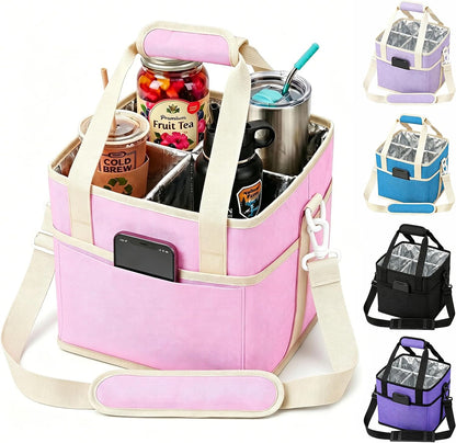 Drink Carrier Tote Bag, Family Size 4 Compartment Drink Bag | Insulated 4 Water Bottle Holder, Adjustable Strap,Multiple Tumbler Carrier Caddy for Car,Delivery,Family Outings Fits Any Cup
