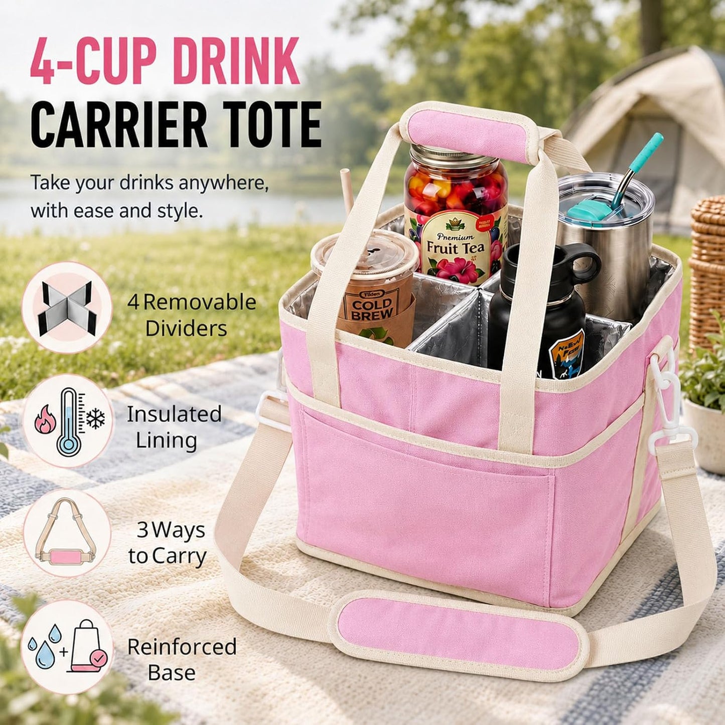 Drink Carrier Tote Bag, Family Size 4 Compartment Drink Bag | Insulated 4 Water Bottle Holder, Adjustable Strap,Multiple Tumbler Carrier Caddy for Car,Delivery,Family Outings Fits Any Cup