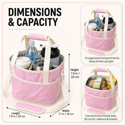 Drink Carrier Tote Bag, Family Size 4 Compartment Drink Bag | Insulated 4 Water Bottle Holder, Adjustable Strap,Multiple Tumbler Carrier Caddy for Car,Delivery,Family Outings Fits Any Cup