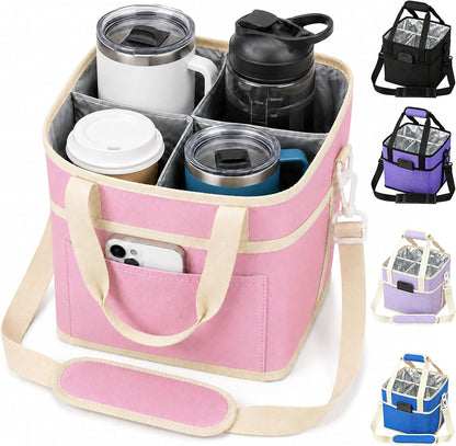 Drink Carrier Tote Bag, Family Size 4 Compartment Drink Bag | Insulated 4 Water Bottle Holder, Adjustable Strap,Multiple Tumbler Carrier Caddy for Car,Delivery,Family Outings Fits Any Cup