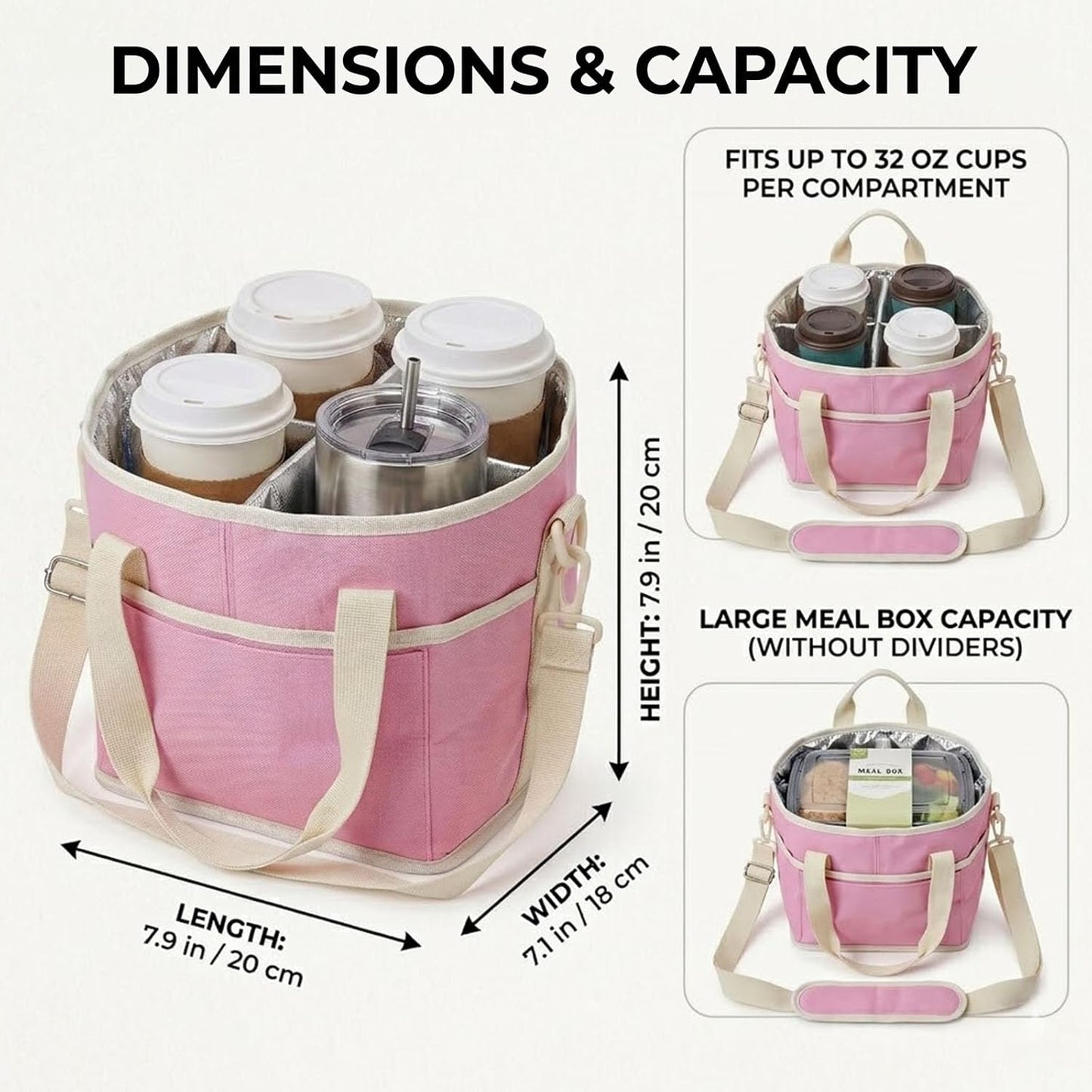 Drink Carrier Tote Bag, Family Size 4 Compartment Drink Bag | Insulated 4 Water Bottle Holder, Adjustable Strap,Multiple Tumbler Carrier Caddy for Car,Delivery,Family Outings Fits Any Cup