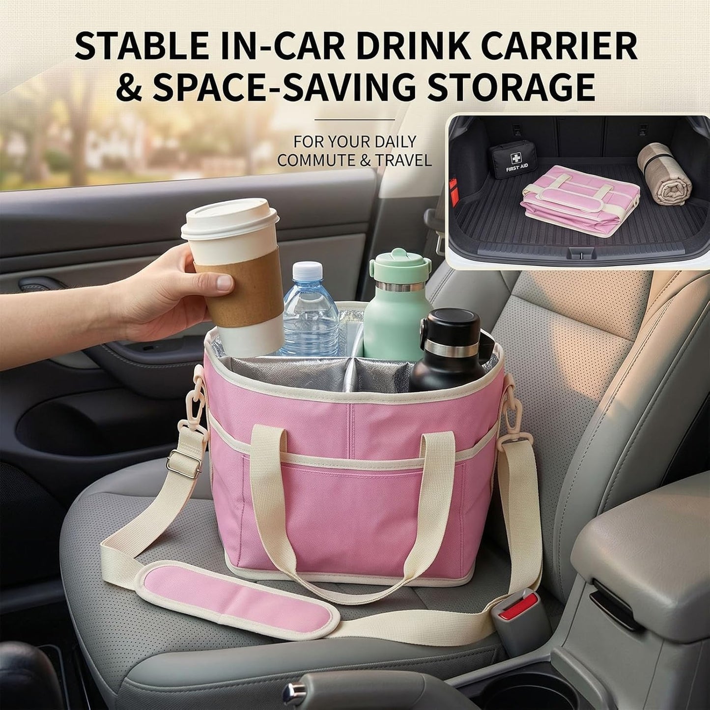 Drink Carrier Tote Bag, Family Size 4 Compartment Drink Bag | Insulated 4 Water Bottle Holder, Adjustable Strap,Multiple Tumbler Carrier Caddy for Car,Delivery,Family Outings Fits Any Cup