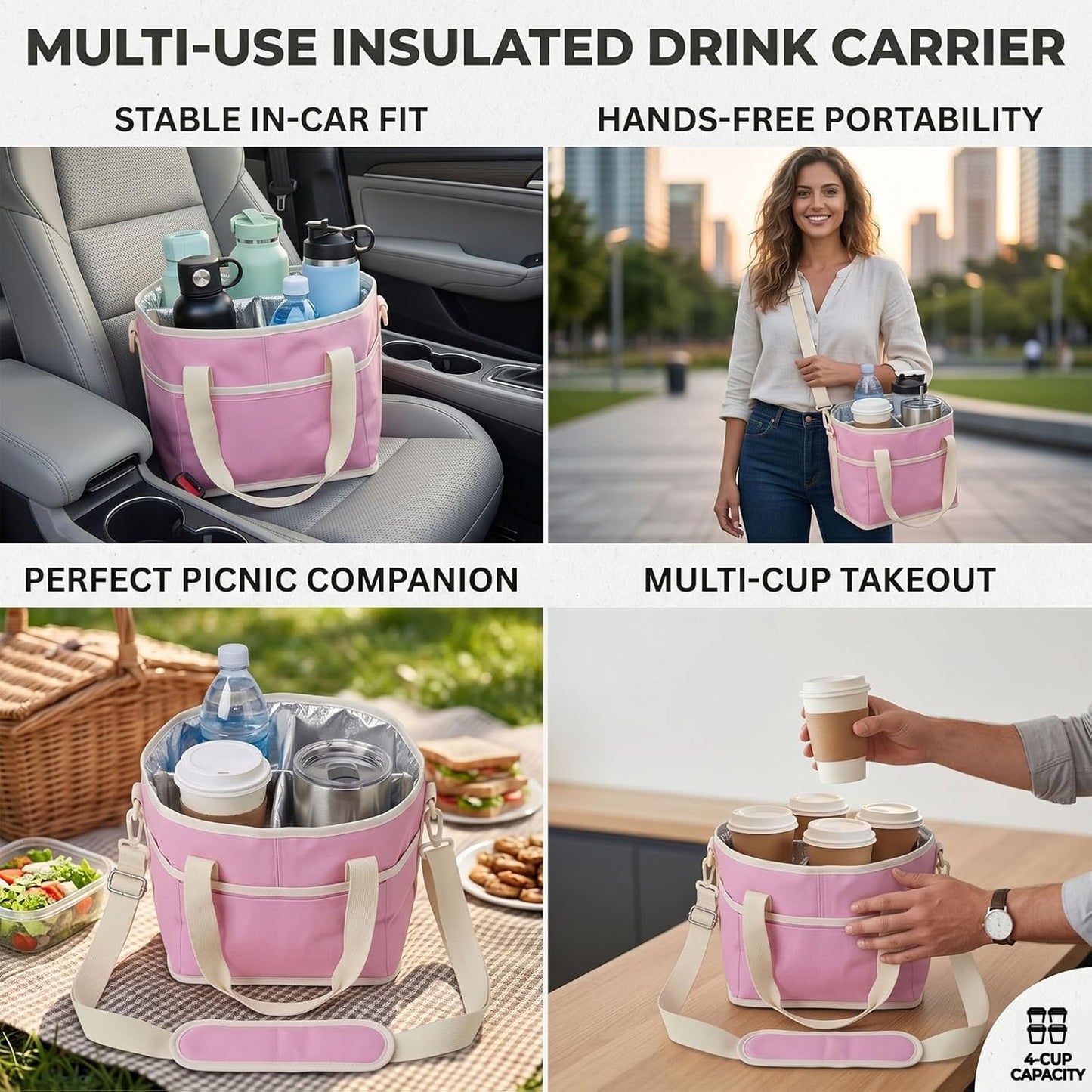Drink Carrier Tote Bag, Family Size 4 Compartment Drink Bag | Insulated 4 Water Bottle Holder, Adjustable Strap,Multiple Tumbler Carrier Caddy for Car,Delivery,Family Outings Fits Any Cup