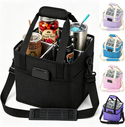 Drink Carrier Tote Bag, Family Size 4 Compartment Drink Bag | Insulated 4 Water Bottle Holder, Adjustable Strap,Multiple Tumbler Carrier Caddy for Car,Delivery,Family Outings Fits Any Cup