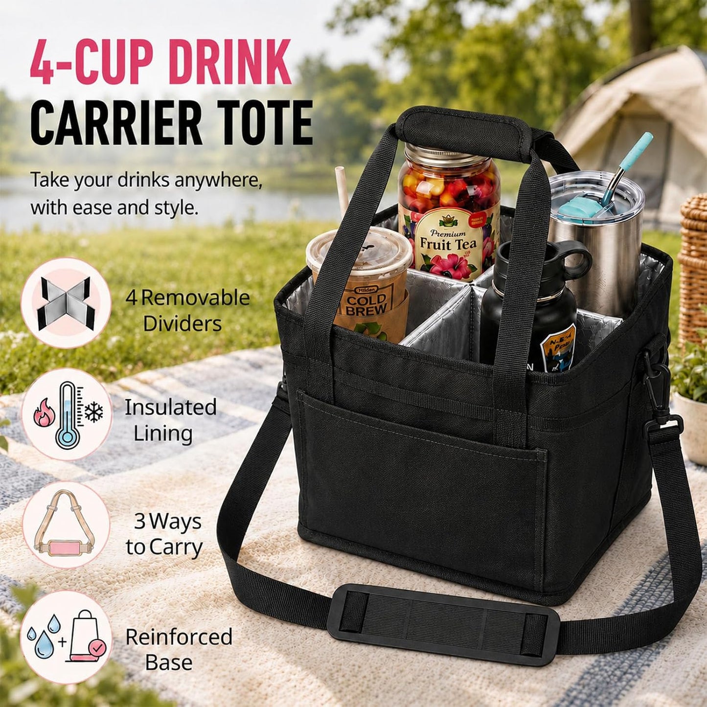 Drink Carrier Tote Bag, Family Size 4 Compartment Drink Bag | Insulated 4 Water Bottle Holder, Adjustable Strap,Multiple Tumbler Carrier Caddy for Car,Delivery,Family Outings Fits Any Cup