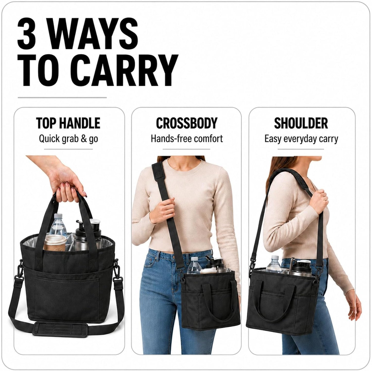 Drink Carrier Tote Bag, Family Size 4 Compartment Drink Bag | Insulated 4 Water Bottle Holder, Adjustable Strap,Multiple Tumbler Carrier Caddy for Car,Delivery,Family Outings Fits Any Cup