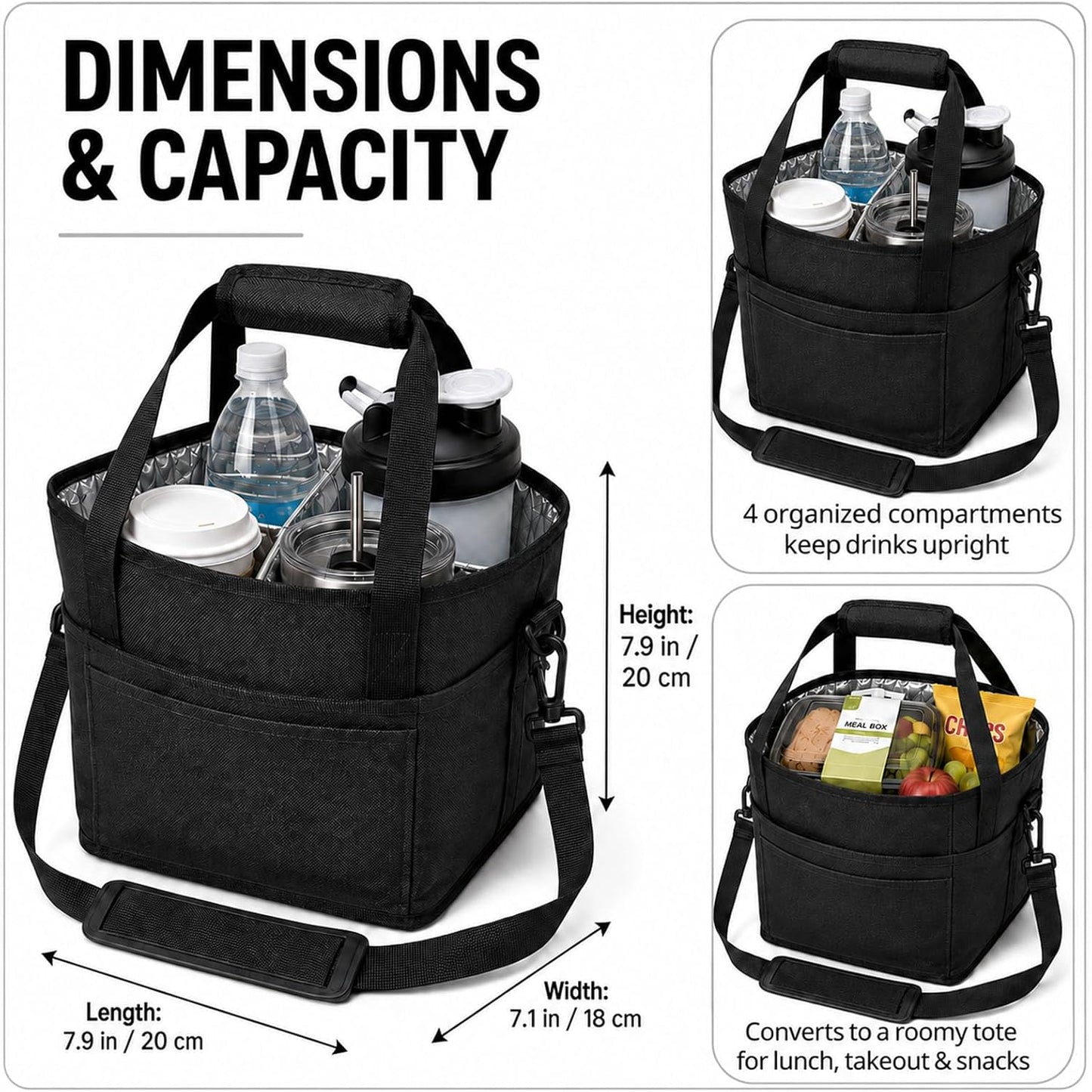 Drink Carrier Tote Bag, Family Size 4 Compartment Drink Bag | Insulated 4 Water Bottle Holder, Adjustable Strap,Multiple Tumbler Carrier Caddy for Car,Delivery,Family Outings Fits Any Cup
