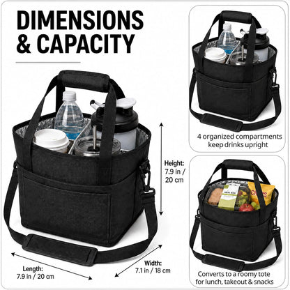 Drink Carrier Tote Bag, Family Size 4 Compartment Drink Bag | Insulated 4 Water Bottle Holder, Adjustable Strap,Multiple Tumbler Carrier Caddy for Car,Delivery,Family Outings Fits Any Cup