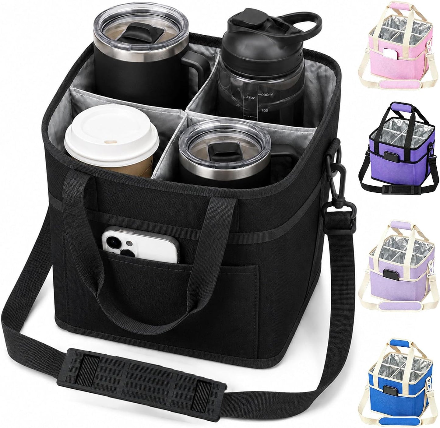 Drink Carrier Tote Bag, Family Size 4 Compartment Drink Bag | Insulated 4 Water Bottle Holder, Adjustable Strap,Multiple Tumbler Carrier Caddy for Car,Delivery,Family Outings Fits Any Cup