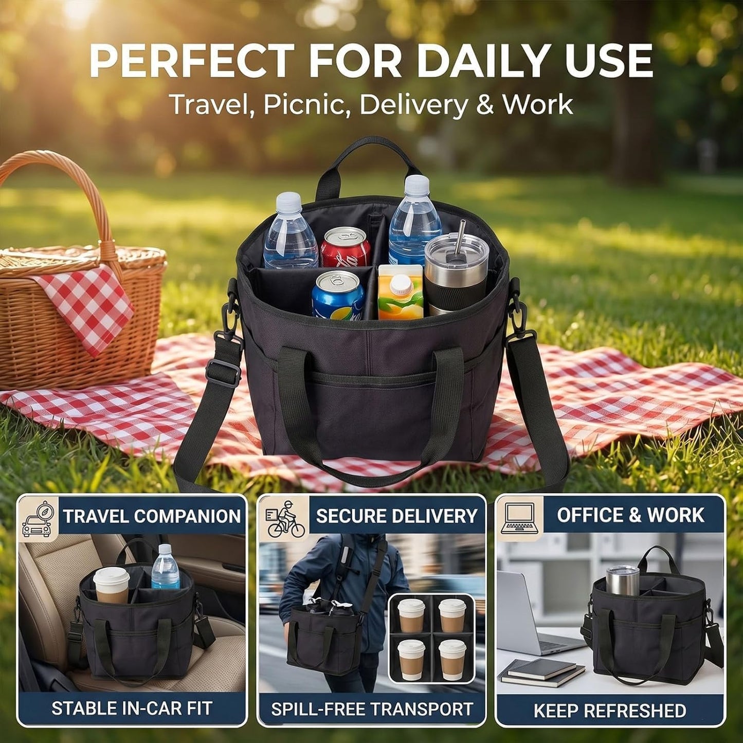Drink Carrier Tote Bag, Family Size 4 Compartment Drink Bag | Insulated 4 Water Bottle Holder, Adjustable Strap,Multiple Tumbler Carrier Caddy for Car,Delivery,Family Outings Fits Any Cup