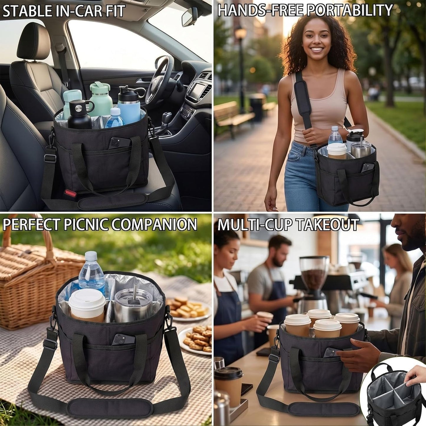 Drink Carrier Tote Bag, Family Size 4 Compartment Drink Bag | Insulated 4 Water Bottle Holder, Adjustable Strap,Multiple Tumbler Carrier Caddy for Car,Delivery,Family Outings Fits Any Cup