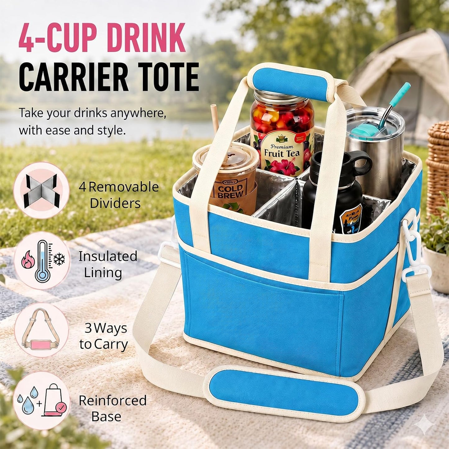 Drink Carrier Tote Bag, Family Size 4 Compartment Drink Bag | Insulated 4 Water Bottle Holder, Adjustable Strap,Multiple Tumbler Carrier Caddy for Car,Delivery,Family Outings Fits Any Cup