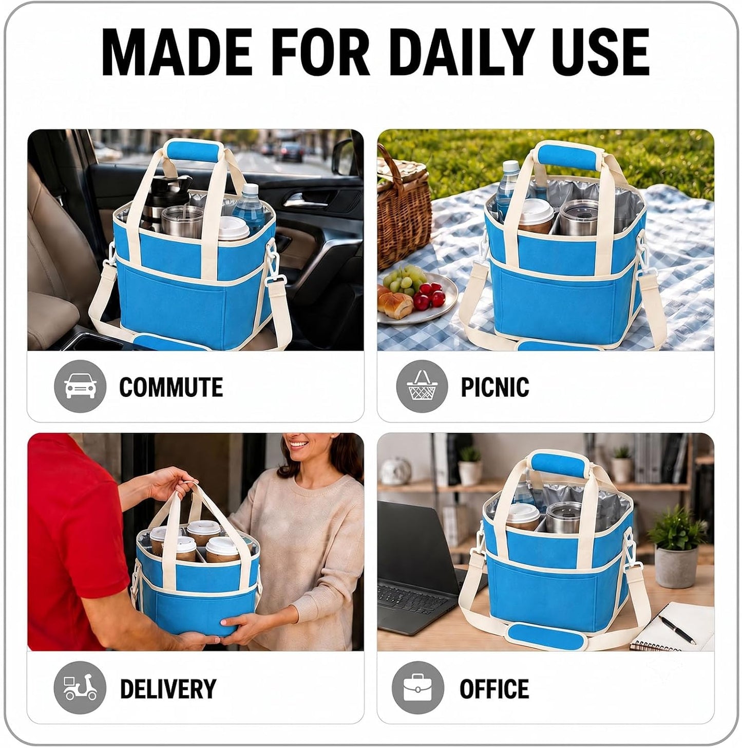 Drink Carrier Tote Bag, Family Size 4 Compartment Drink Bag | Insulated 4 Water Bottle Holder, Adjustable Strap,Multiple Tumbler Carrier Caddy for Car,Delivery,Family Outings Fits Any Cup