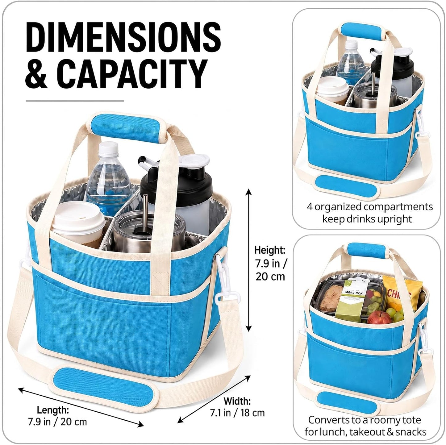 Drink Carrier Tote Bag, Family Size 4 Compartment Drink Bag | Insulated 4 Water Bottle Holder, Adjustable Strap,Multiple Tumbler Carrier Caddy for Car,Delivery,Family Outings Fits Any Cup