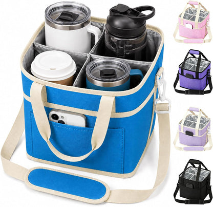 Drink Carrier Tote Bag, Family Size 4 Compartment Drink Bag | Insulated 4 Water Bottle Holder, Adjustable Strap,Multiple Tumbler Carrier Caddy for Car,Delivery,Family Outings Fits Any Cup