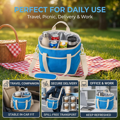 Drink Carrier Tote Bag, Family Size 4 Compartment Drink Bag | Insulated 4 Water Bottle Holder, Adjustable Strap,Multiple Tumbler Carrier Caddy for Car,Delivery,Family Outings Fits Any Cup
