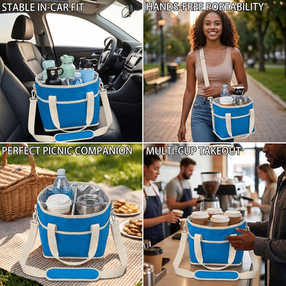 Drink Carrier Tote Bag, Family Size 4 Compartment Drink Bag | Insulated 4 Water Bottle Holder, Adjustable Strap,Multiple Tumbler Carrier Caddy for Car,Delivery,Family Outings Fits Any Cup