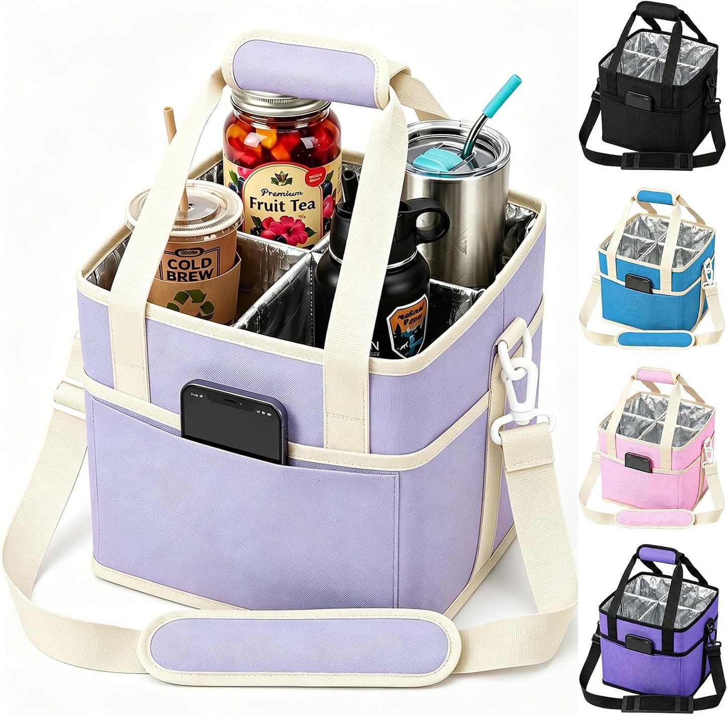 Drink Carrier Tote Bag, Family Size 4 Compartment Drink Bag | Insulated 4 Water Bottle Holder, Adjustable Strap,Multiple Tumbler Carrier Caddy for Car,Delivery,Family Outings Fits Any Cup