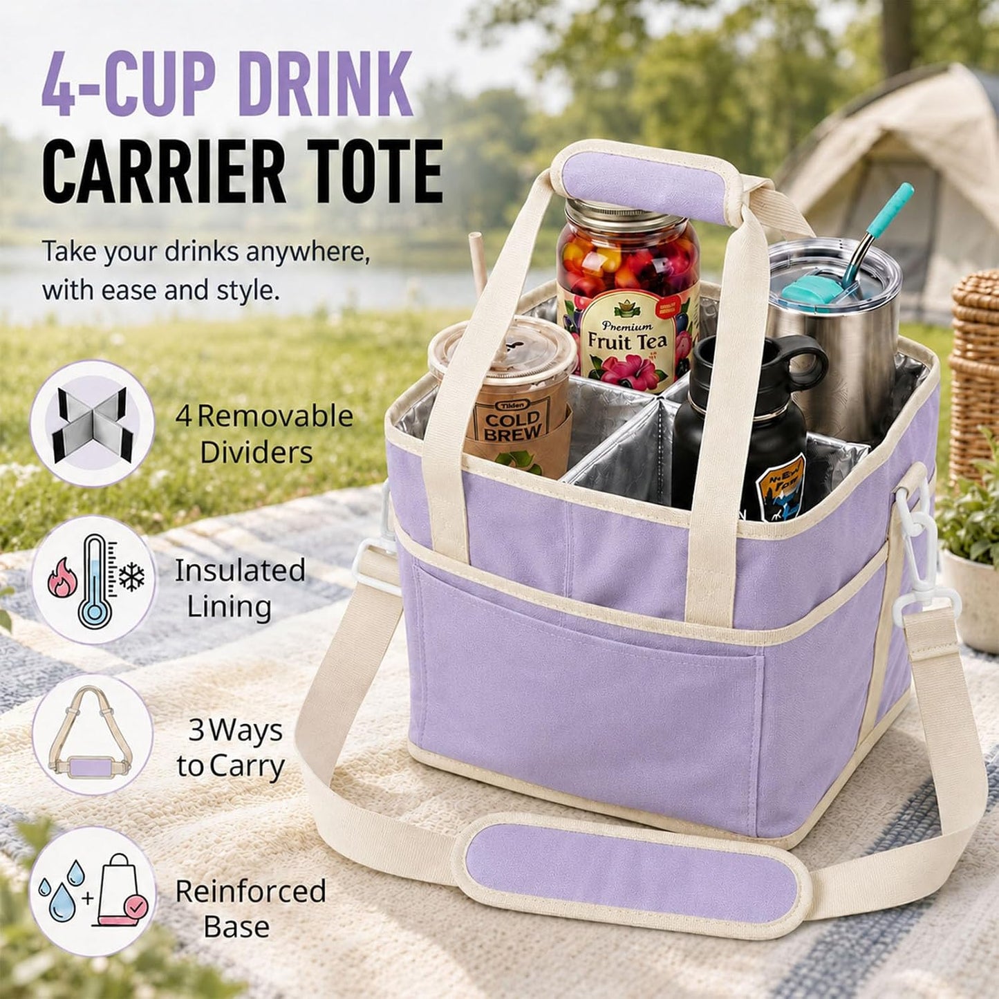 Drink Carrier Tote Bag, Family Size 4 Compartment Drink Bag | Insulated 4 Water Bottle Holder, Adjustable Strap,Multiple Tumbler Carrier Caddy for Car,Delivery,Family Outings Fits Any Cup