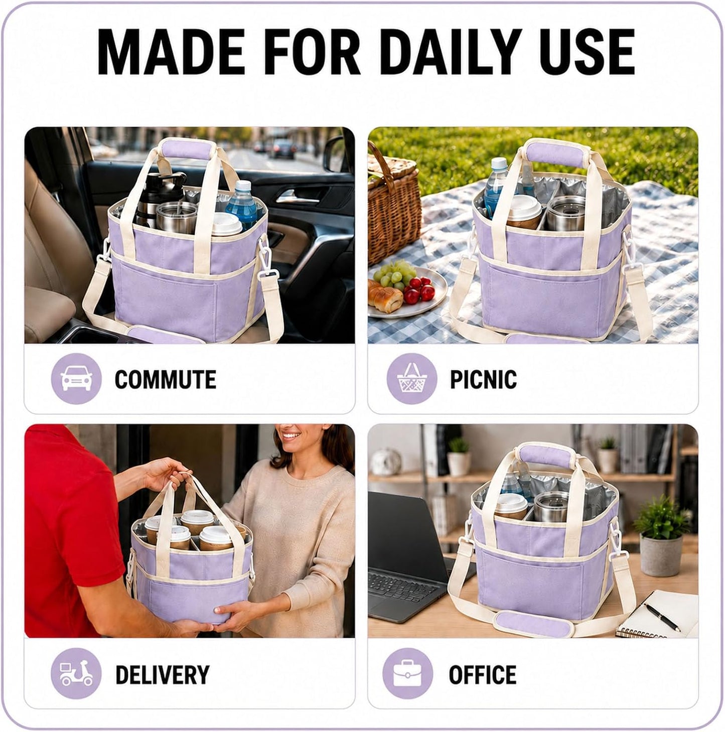 Drink Carrier Tote Bag, Family Size 4 Compartment Drink Bag | Insulated 4 Water Bottle Holder, Adjustable Strap,Multiple Tumbler Carrier Caddy for Car,Delivery,Family Outings Fits Any Cup