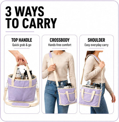 Drink Carrier Tote Bag, Family Size 4 Compartment Drink Bag | Insulated 4 Water Bottle Holder, Adjustable Strap,Multiple Tumbler Carrier Caddy for Car,Delivery,Family Outings Fits Any Cup