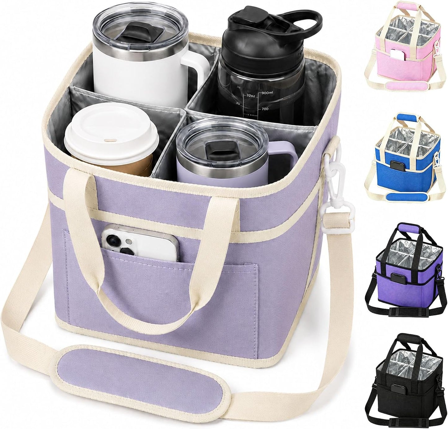 Drink Carrier Tote Bag, Family Size 4 Compartment Drink Bag | Insulated 4 Water Bottle Holder, Adjustable Strap,Multiple Tumbler Carrier Caddy for Car,Delivery,Family Outings Fits Any Cup