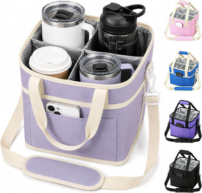 Drink Carrier Tote Bag, Family Size 4 Compartment Drink Bag | Insulated 4 Water Bottle Holder, Adjustable Strap,Multiple Tumbler Carrier Caddy for Car,Delivery,Family Outings Fits Any Cup