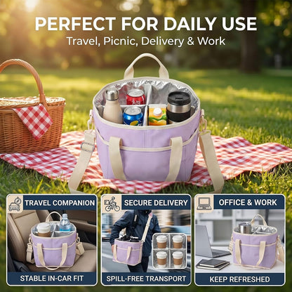 Drink Carrier Tote Bag, Family Size 4 Compartment Drink Bag | Insulated 4 Water Bottle Holder, Adjustable Strap,Multiple Tumbler Carrier Caddy for Car,Delivery,Family Outings Fits Any Cup
