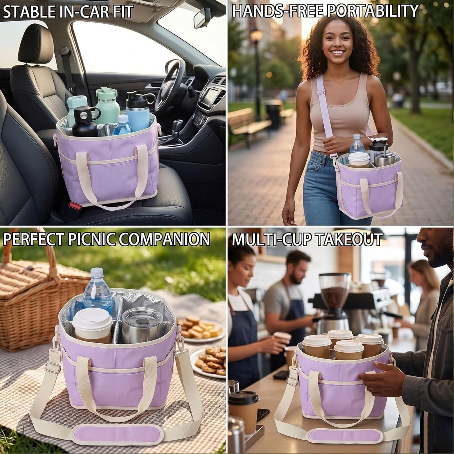 Drink Carrier Tote Bag, Family Size 4 Compartment Drink Bag | Insulated 4 Water Bottle Holder, Adjustable Strap,Multiple Tumbler Carrier Caddy for Car,Delivery,Family Outings Fits Any Cup
