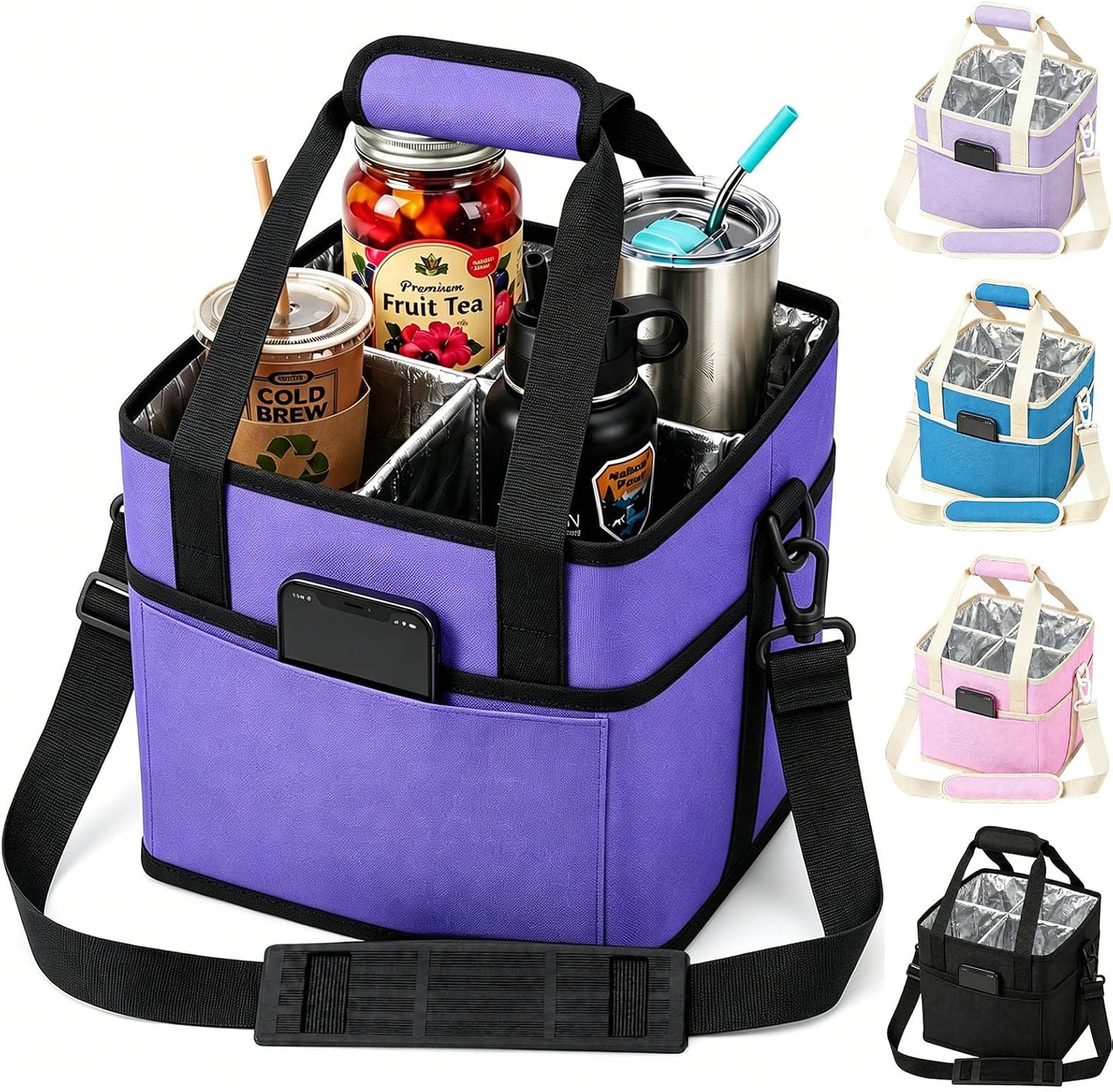 Drink Carrier Tote Bag, Family Size 4 Compartment Drink Bag | Insulated 4 Water Bottle Holder, Adjustable Strap,Multiple Tumbler Carrier Caddy for Car,Delivery,Family Outings Fits Any Cup