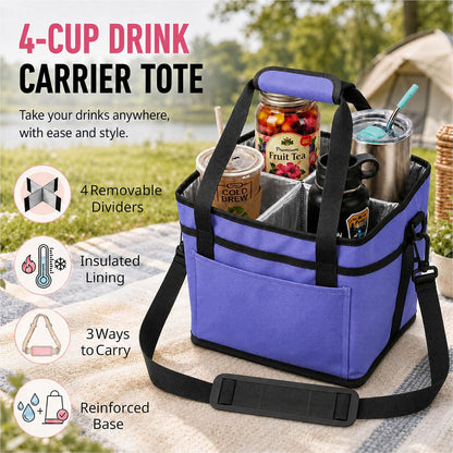 Drink Carrier Tote Bag, Family Size 4 Compartment Drink Bag | Insulated 4 Water Bottle Holder, Adjustable Strap,Multiple Tumbler Carrier Caddy for Car,Delivery,Family Outings Fits Any Cup