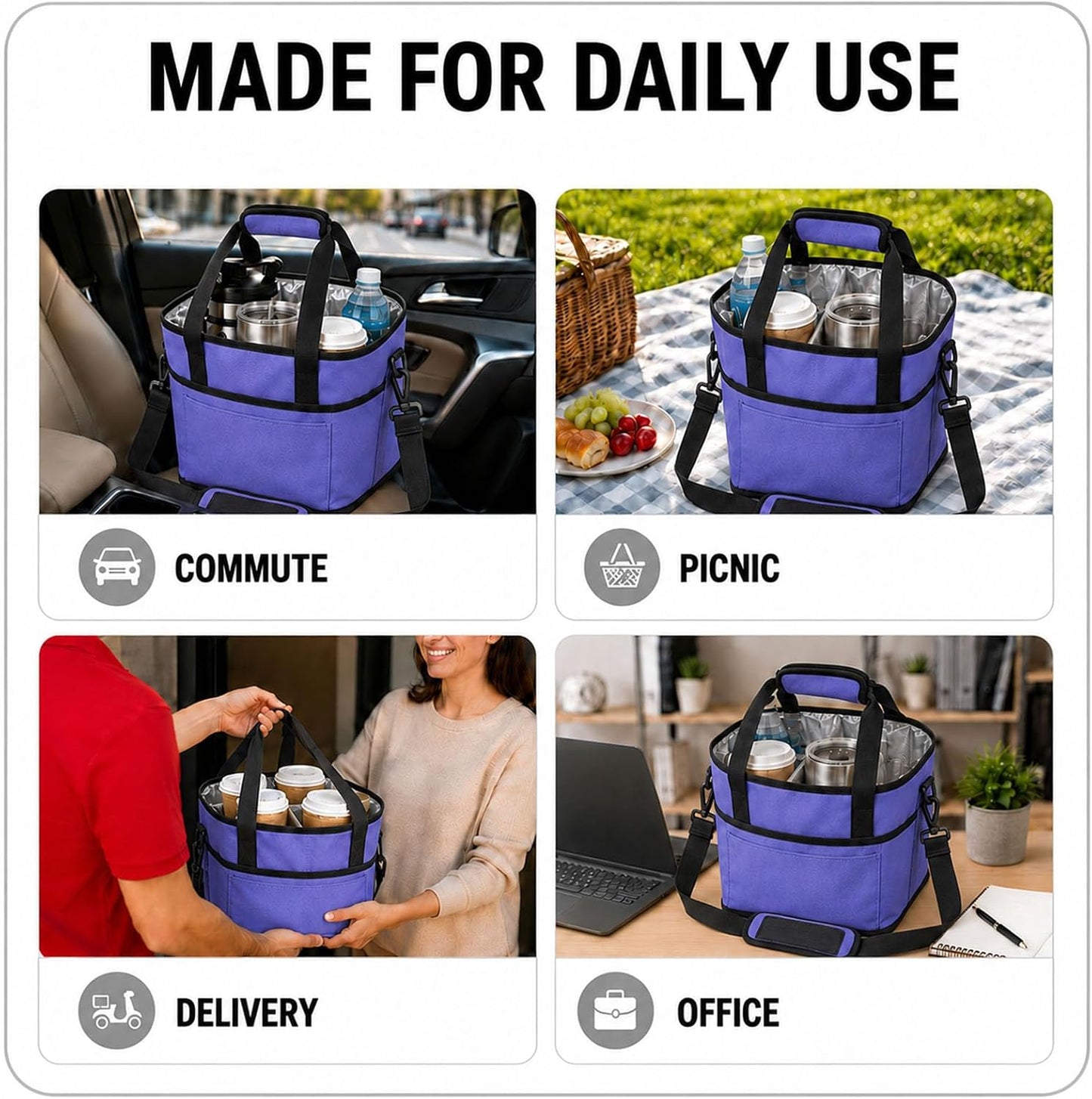 Drink Carrier Tote Bag, Family Size 4 Compartment Drink Bag | Insulated 4 Water Bottle Holder, Adjustable Strap,Multiple Tumbler Carrier Caddy for Car,Delivery,Family Outings Fits Any Cup