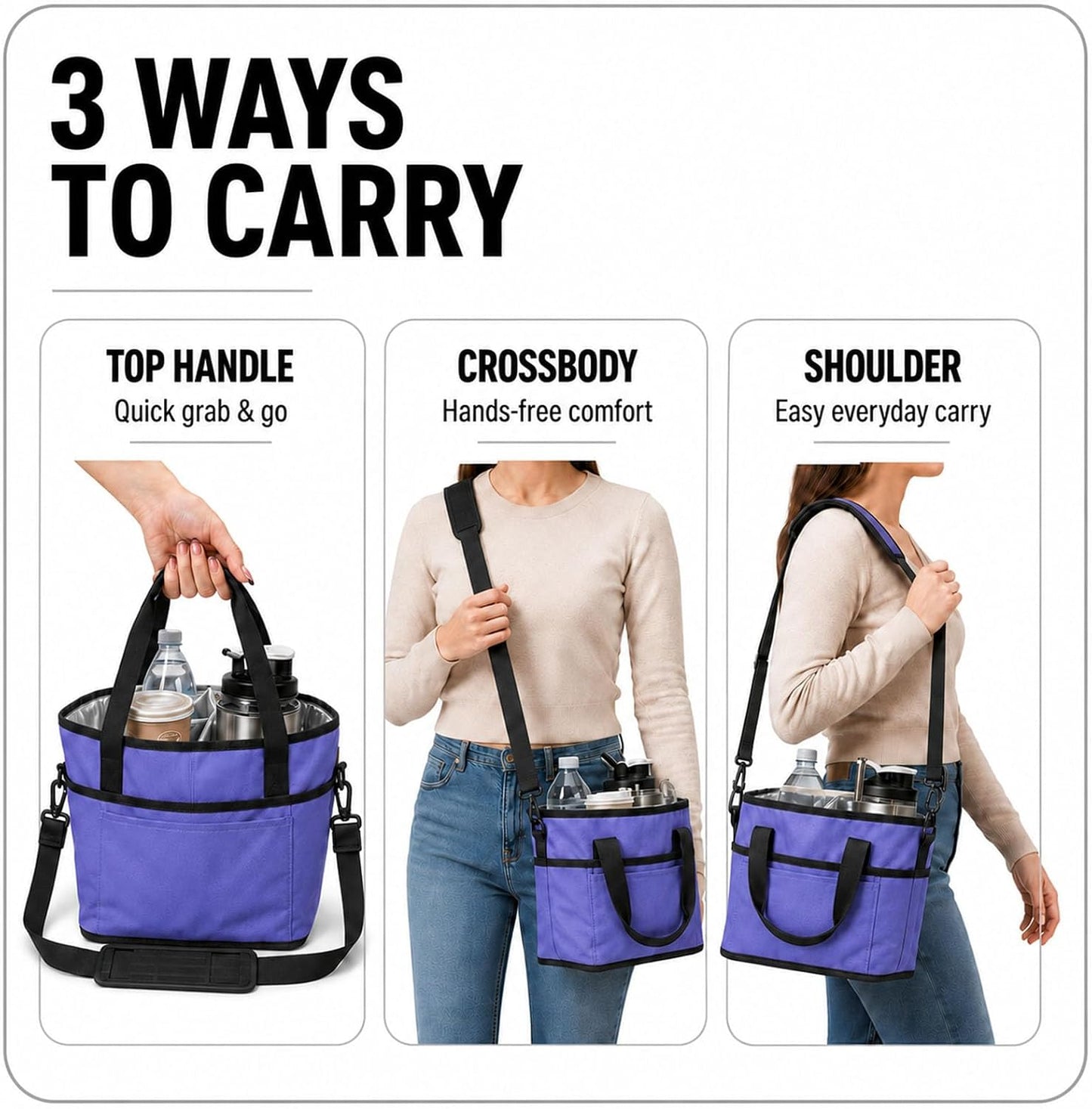 Drink Carrier Tote Bag, Family Size 4 Compartment Drink Bag | Insulated 4 Water Bottle Holder, Adjustable Strap,Multiple Tumbler Carrier Caddy for Car,Delivery,Family Outings Fits Any Cup