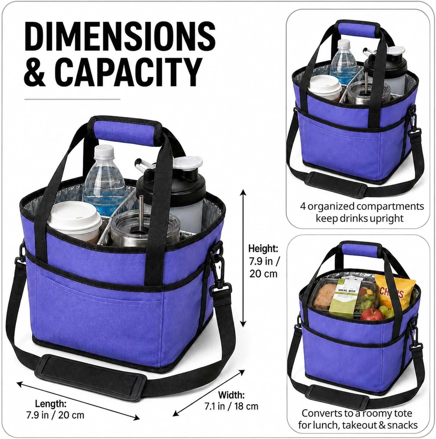 Drink Carrier Tote Bag, Family Size 4 Compartment Drink Bag | Insulated 4 Water Bottle Holder, Adjustable Strap,Multiple Tumbler Carrier Caddy for Car,Delivery,Family Outings Fits Any Cup