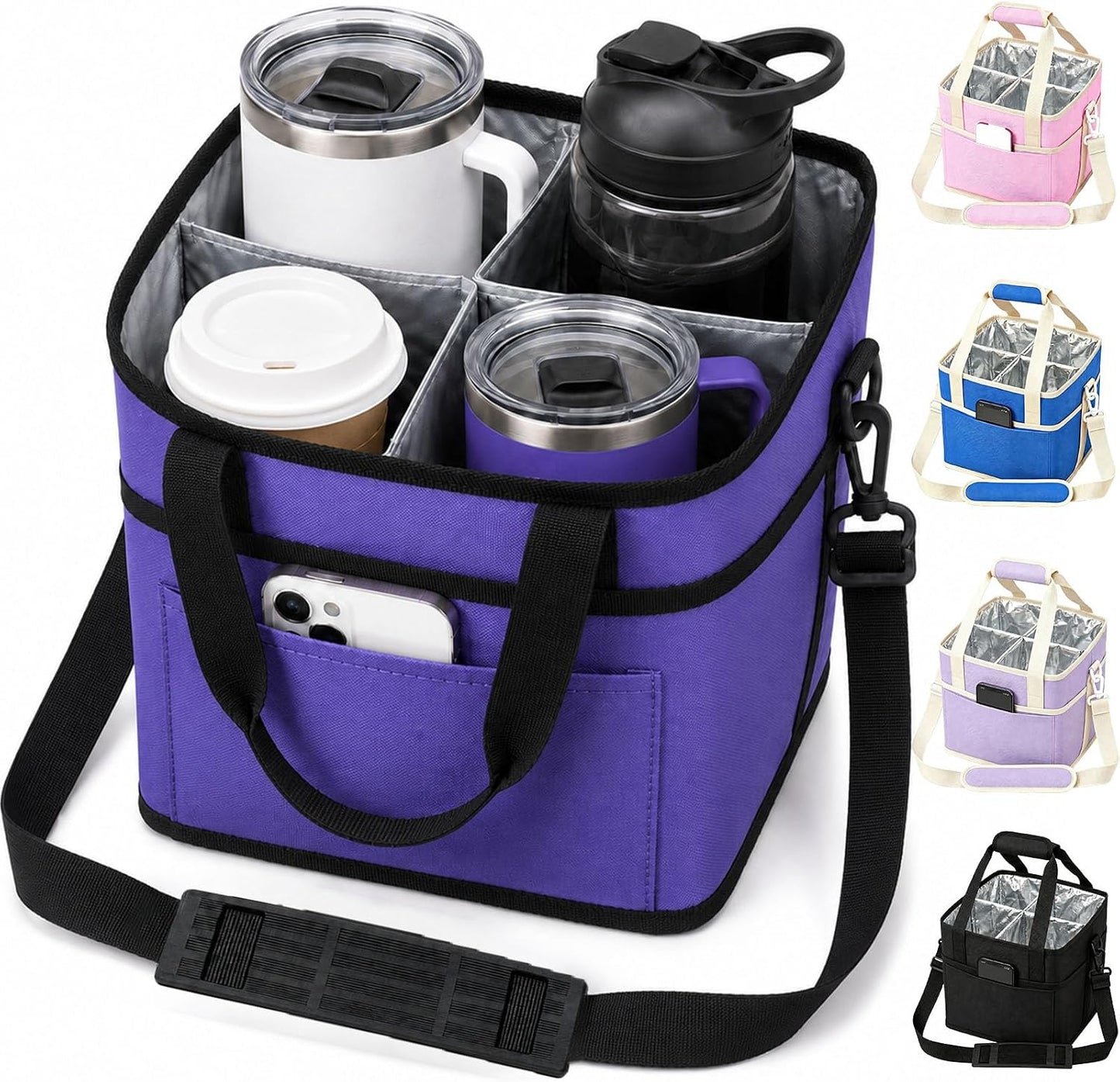 Drink Carrier Tote Bag, Family Size 4 Compartment Drink Bag | Insulated 4 Water Bottle Holder, Adjustable Strap,Multiple Tumbler Carrier Caddy for Car,Delivery,Family Outings Fits Any Cup