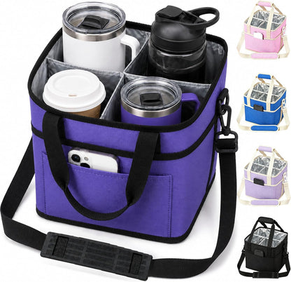 Drink Carrier Tote Bag, Family Size 4 Compartment Drink Bag | Insulated 4 Water Bottle Holder, Adjustable Strap,Multiple Tumbler Carrier Caddy for Car,Delivery,Family Outings Fits Any Cup
