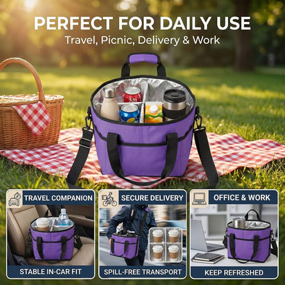 Drink Carrier Tote Bag, Family Size 4 Compartment Drink Bag | Insulated 4 Water Bottle Holder, Adjustable Strap,Multiple Tumbler Carrier Caddy for Car,Delivery,Family Outings Fits Any Cup