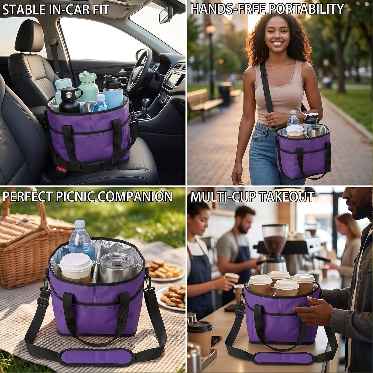 Drink Carrier Tote Bag, Family Size 4 Compartment Drink Bag | Insulated 4 Water Bottle Holder, Adjustable Strap,Multiple Tumbler Carrier Caddy for Car,Delivery,Family Outings Fits Any Cup