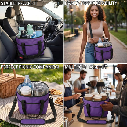 Drink Carrier Tote Bag, Family Size 4 Compartment Drink Bag | Insulated 4 Water Bottle Holder, Adjustable Strap,Multiple Tumbler Carrier Caddy for Car,Delivery,Family Outings Fits Any Cup