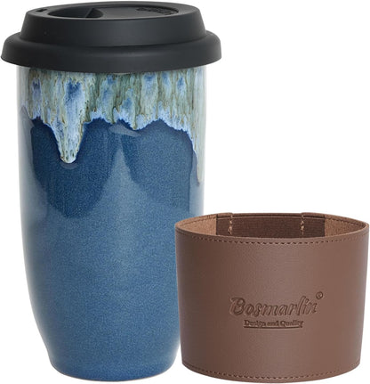 Ceramic Travel Coffee Cup with Lid, 16 Oz, Portable Coffee Mug for Car Cup Holder, Microwave and Dishwasher Safe, Reactive Glaze (Pale Green, 16 Oz)