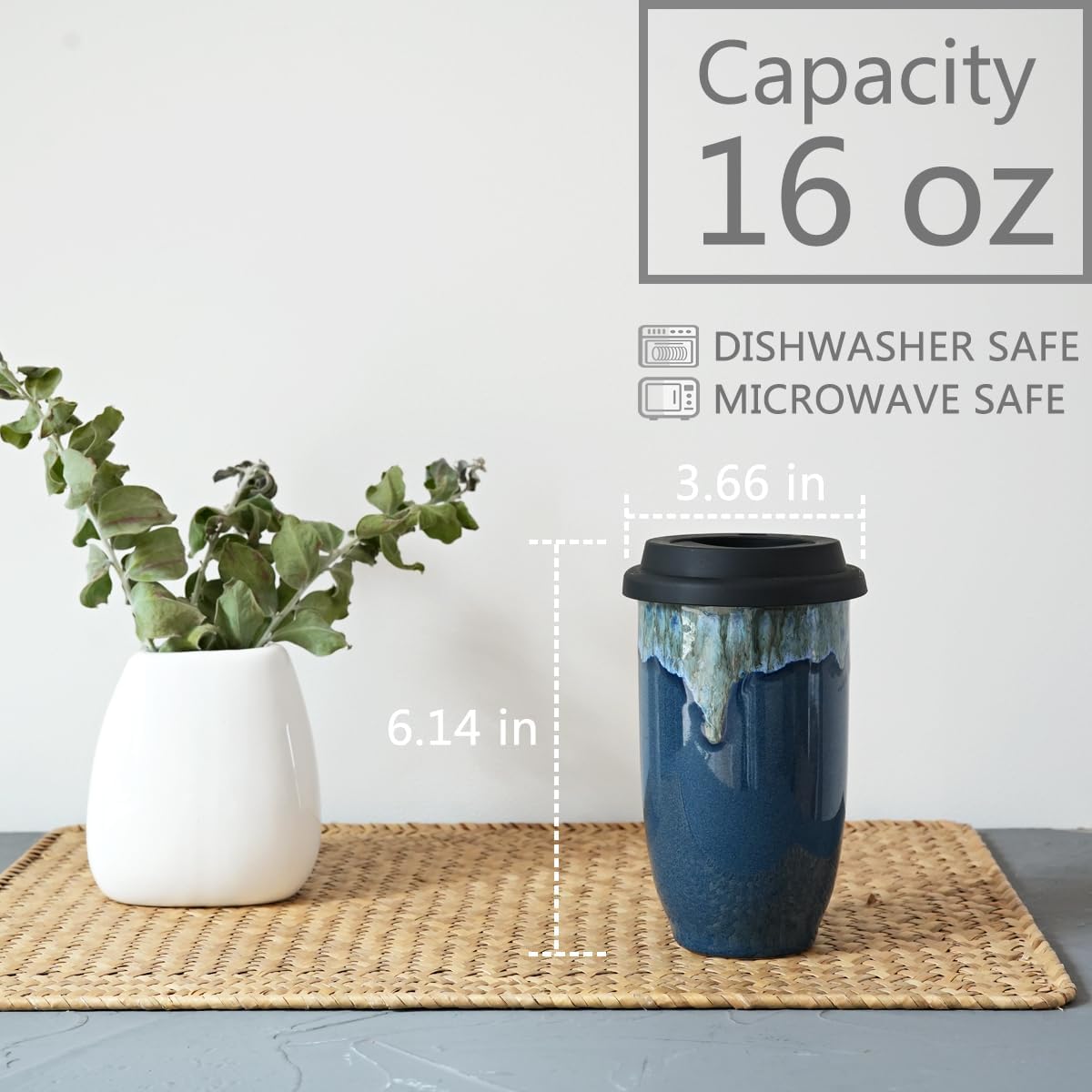 Ceramic Travel Coffee Cup with Lid, 16 Oz, Portable Coffee Mug for Car Cup Holder, Microwave and Dishwasher Safe, Reactive Glaze (Pale Green, 16 Oz)