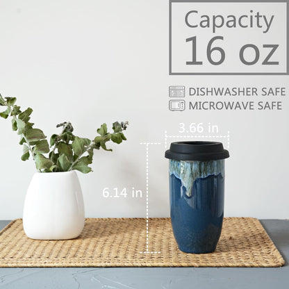 Ceramic Travel Coffee Cup with Lid, 16 Oz, Portable Coffee Mug for Car Cup Holder, Microwave and Dishwasher Safe, Reactive Glaze (Pale Green, 16 Oz)
