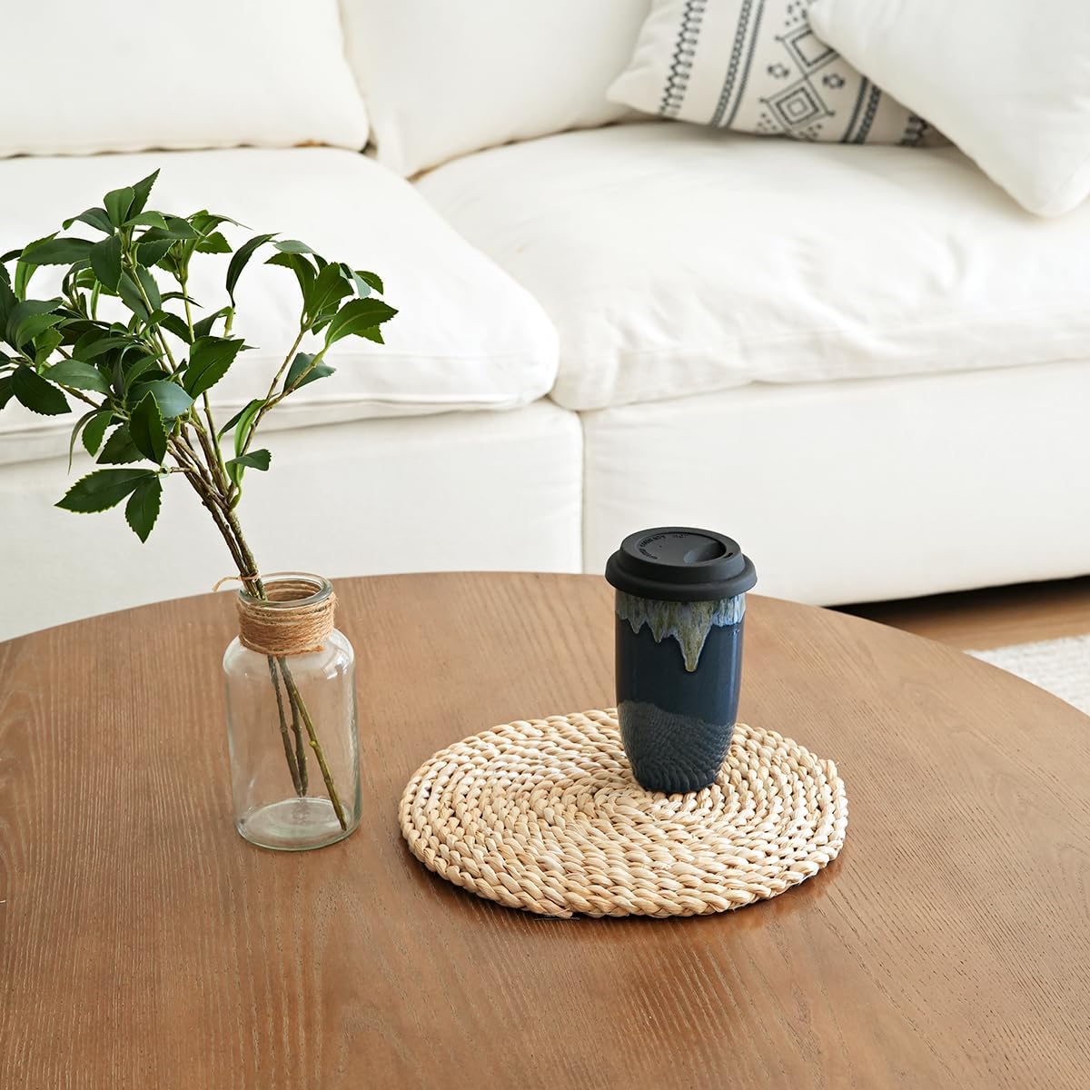 Ceramic Travel Coffee Cup with Lid, 16 Oz, Portable Coffee Mug for Car Cup Holder, Microwave and Dishwasher Safe, Reactive Glaze (Pale Green, 16 Oz)