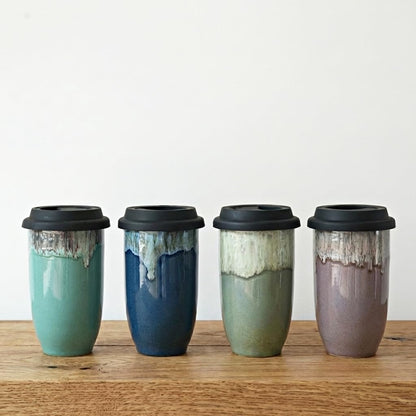 Ceramic Travel Coffee Cup with Lid, 16 Oz, Portable Coffee Mug for Car Cup Holder, Microwave and Dishwasher Safe, Reactive Glaze (Pale Green, 16 Oz)