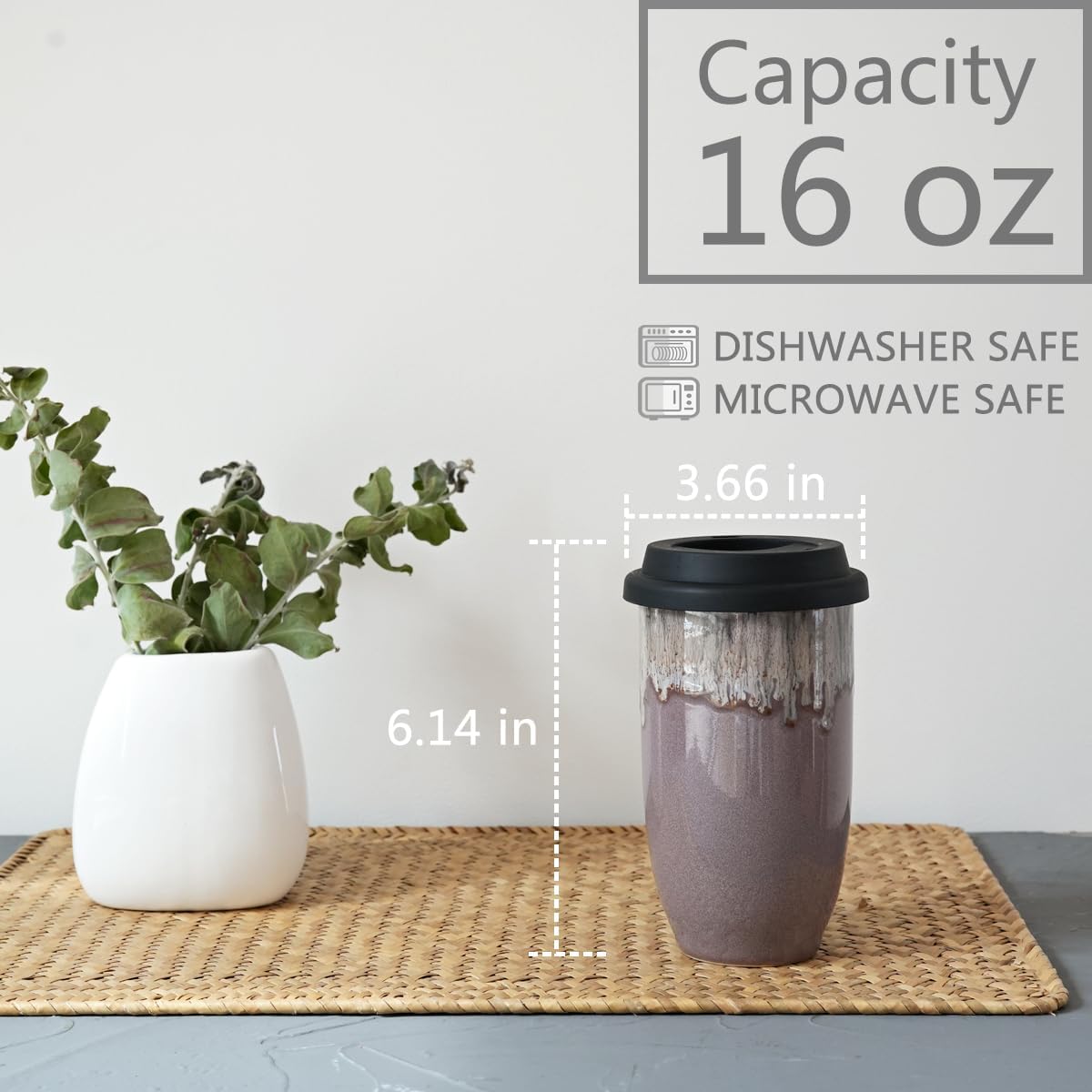 Ceramic Travel Coffee Cup with Lid, 16 Oz, Portable Coffee Mug for Car Cup Holder, Microwave and Dishwasher Safe, Reactive Glaze (Pale Green, 16 Oz)