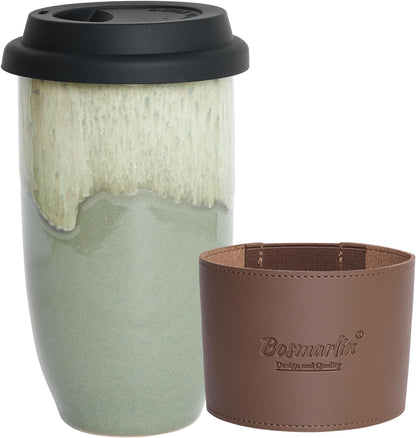 Ceramic Travel Coffee Cup with Lid, 16 Oz, Portable Coffee Mug for Car Cup Holder, Microwave and Dishwasher Safe, Reactive Glaze (Pale Green, 16 Oz)